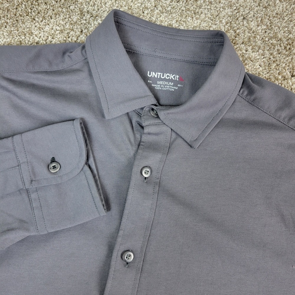Untuckit Mens Medium‎ Solid Gray Stretch Knit Button Up Long Sleeve